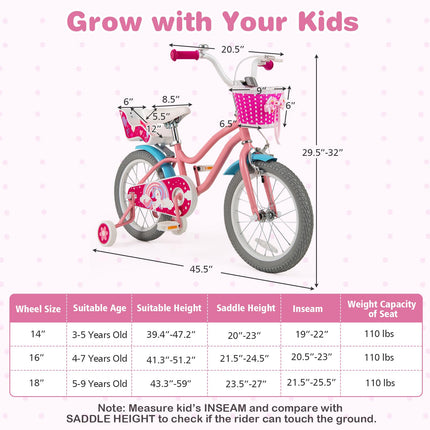Costzon Girls Bike, 16" Children Training Bicycle for 4-7 Years Old with Woven Basket