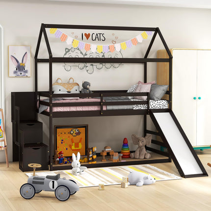 Costzon House Bunk Bed, Twin Over Twin Wood Kids Bed Frame with Slide & Storage Staircase