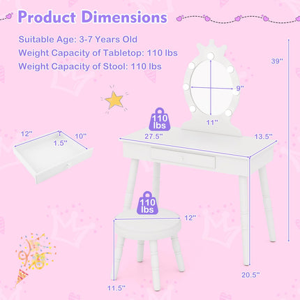 Costzon Kids Vanity, Girls Vanity Set with Mirror and Stool and Lights, Drawer, Pretend Play Kids Vanity Table and Chair Set