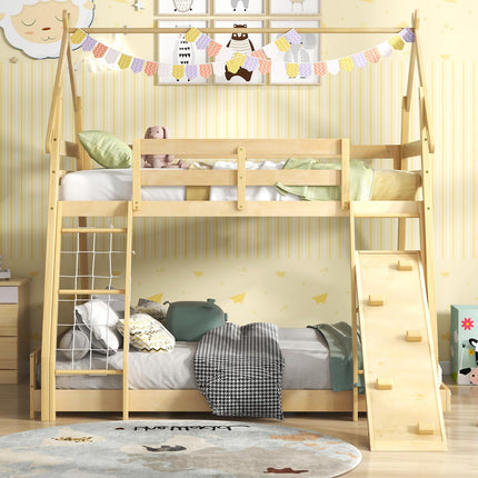 Costzon Twin Over Queen Bunk Bed, House Shaped Bed Frame with Climbing Nets and Ramp