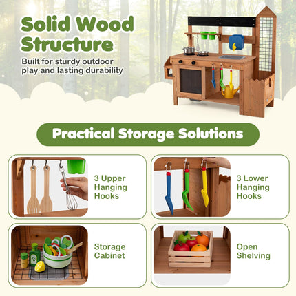Costzon Solid Wood Toddler Play Kitchen w/Detachable Bird Cage | Outdoor Mud Kitchen for Kids