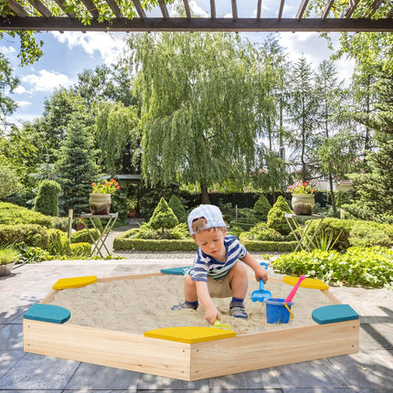 Costzon Kids Sandbox, Hexagon Large Cedar Wood Sand Pit w/ 6 Built-in Corner Seating