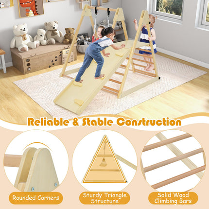 Costzon Indoor Jungle Gym, 5-in-1 Foldable Montessori Climbing Toys for Toddlers w/Double-Sided Slide, Indoor Wooden Playground Climber Playset