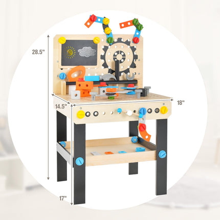 Costzon Kids Tool Bench, Wooden Pretend Workbench w/ 81 Accessories, Blackboard, Realistic Role Play Construction Building Tool Set