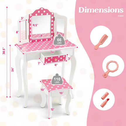 Costzon Kids Vanity, Girls Vanity Set with Mirror and Stool