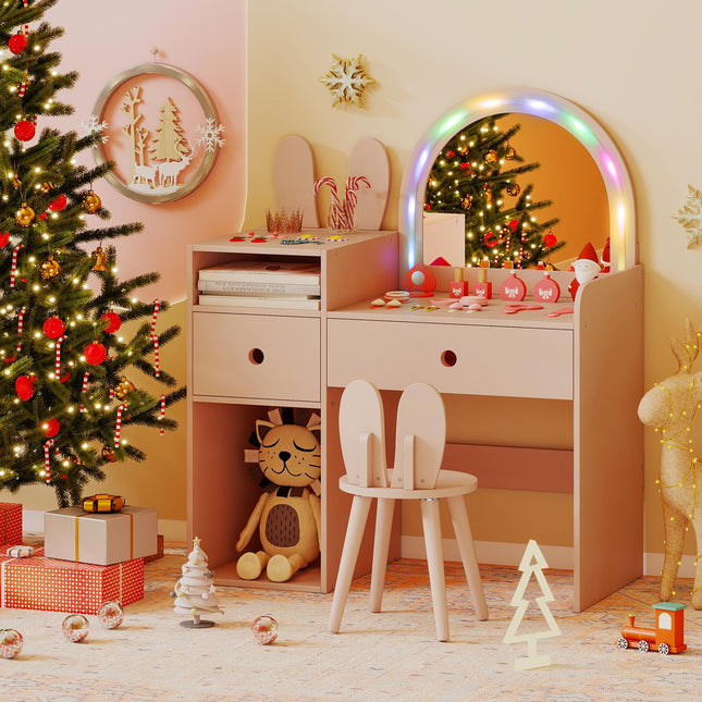 Costzon Girls Vanity Set with Mirror and Stool and Lights