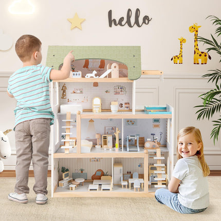 Costzon Wooden Dollhouse Kids DIY Pretend Playhouse