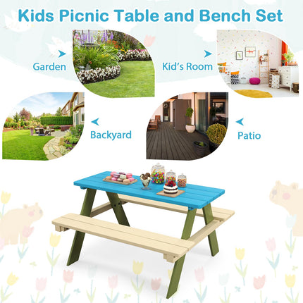 Costzon Kids Picnic Table, Acacia Wood Childrens Activity Table with Benches, Toddler Patio Furniture Set
