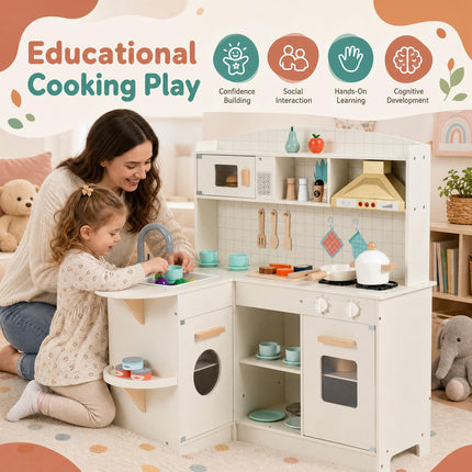 Costzon Wooden Play Kitchen for Kids w/Lights & Sounds | Interactive Pretend Kids Kitchen Playset