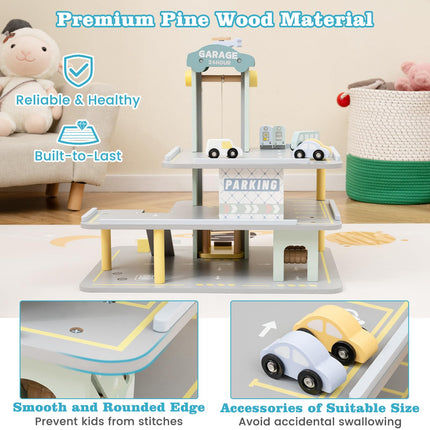 Costzon Toy Car Garage, Multi-Level Wooden Toy Garage with 4 Cars, Helicopter, Gas & Charging Station