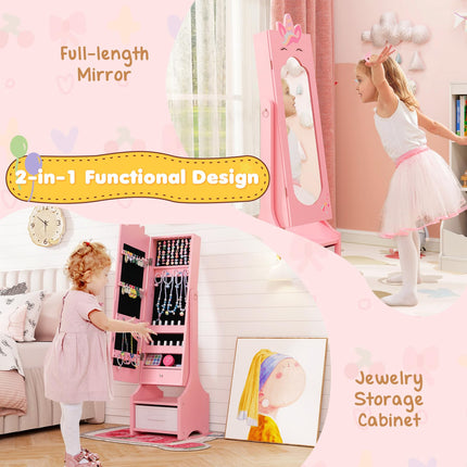 Costzon Kids Jewelry Armoire Cabinet, 45.5" Standing Jewelry Organizer with Full-Length Mirror
