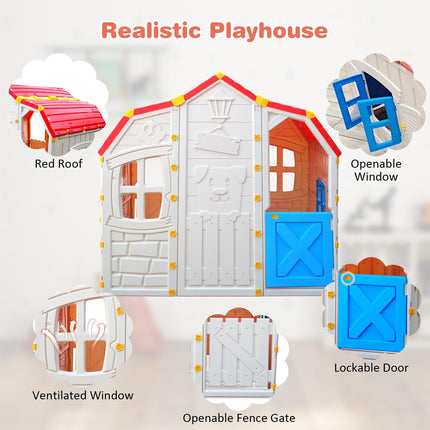 Costzon Roomy Kids Playhouse, Realistic Cottage Playset w/Open-able Windows, Indoor Outdoor Playhouse for Kids