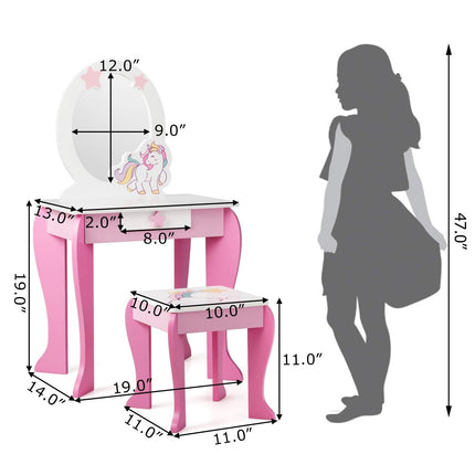 Costzon Kids Vanity & Jewelry Armoire Cabinet, Pretend Play Kids Vanity Table and Chair Set