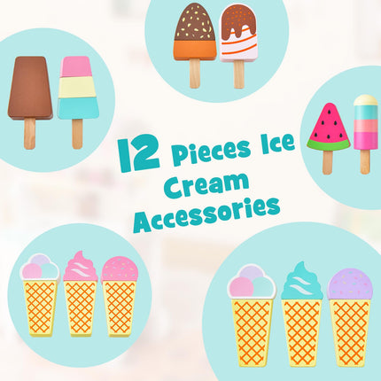 Costzon Wooden Ice Cream Cart for Kids, Pretend Play Food Trunk Toy w/ Display Rack