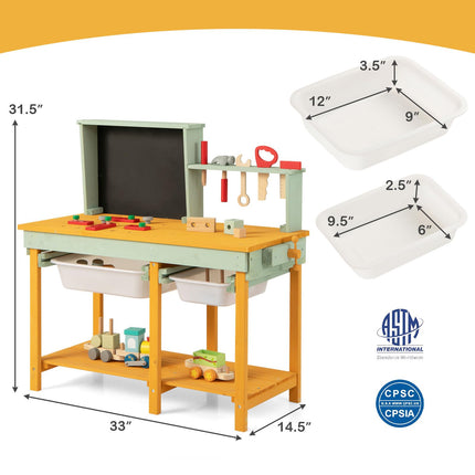 Costzon Tool Bench for Kids, Wooden Pretend Workbench with Toy Tools and Accessories, Realistic Role Play Construction Building Tool Set
