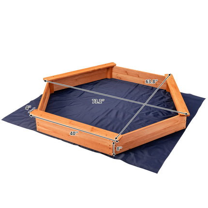 Costzon Wooden Sandbox with Seat Boards, Oxford Cover,Ground Liner, 73" x 64" Hexagon