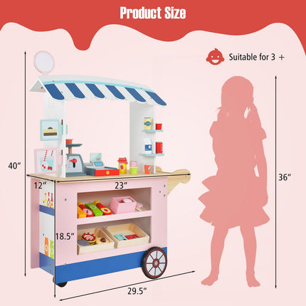 Costzon Wooden Grocery Cart, Kids Pretend Role Play Market Stand with Play Food
