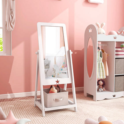 Costzon Kids Full Length Mirror, Princess Floor Free Standing Mirror w/Storage Shelf & Basket (White)