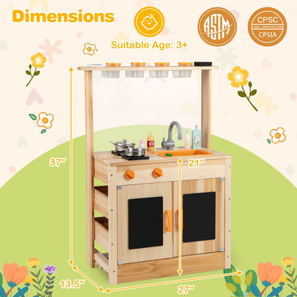 Costzon Mud Kitchen, Fir Wood Outdoor Play Kitchen with 4 Planting Pots, Stoves, Removable Sink