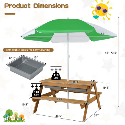 Costzon Kids Picnic Table, 3 in 1 Sand & Water Table w/Height Adjustable Umbrella, Removable Tabletop