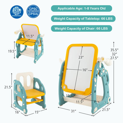 Costzon 4 in 1 Kids Art Easel, Kids Table and Chair Set with Adjustable Whiteboard, Easel for Toddlers
