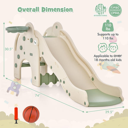 BABY JOY Toddler Slide, Elephant Shape Large Slide for Kids with Basketball Hoop, Buffer Zone & Non-Slip Steps
