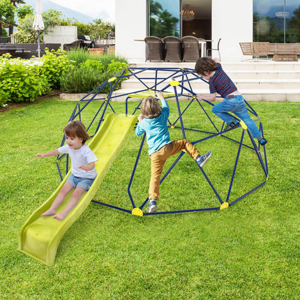 Costzon Climbing Dome with Extended Wavy Slide, 13.3FT Outdoor Jungle Gym Monkey Bar, 2 in 1 Geometric Dome Climber Playground Set