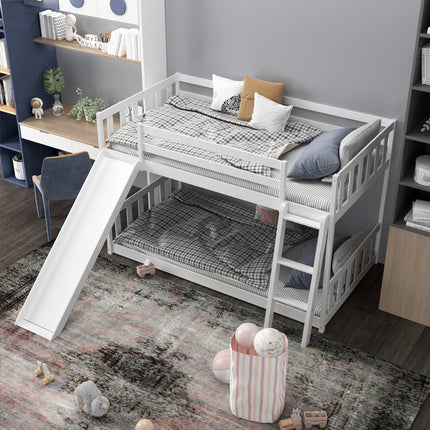 Costzon Twin Over Twin Bunk Bed Wooden Low Bunk Bed with Slide & Ladder