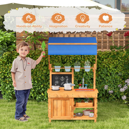Costzon Mud Kitchen, Fir Wood Kids Kitchen Playset with Adjustable Canopy