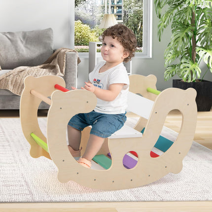 Costzon 2-in-1 Toddler Rocking Arch, Montessori Climbing Set & Wooden Rocking Horse Toy with Backrest & Seat