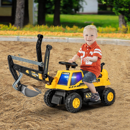Costzon Ride on Excavator, 6V Battery Powered Digger with Under Seat Storage, Music, LED Lights