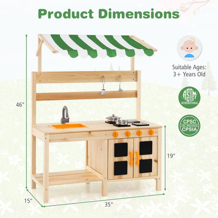 Costzon Mud Kitchen with Canopy, Fir Wood Kids Kitchen Playset with 4 Stoves, Outdoor Play Kitchen for Kids Toddlers, Gift for Boys Girls Ages 3+
