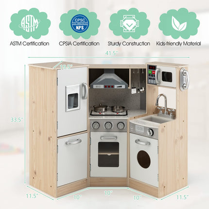 Costzon Kids Corner Kitchen Playset, Wooden Pretend Play Kitchen Toy Set