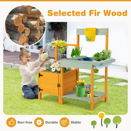 Costzon Mud Kitchen, Kids Potting Bench with Garden Bed & See-Through Window, Treills, Kids Kitchen Playset