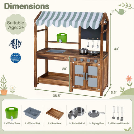 Costzon Wooden Kids Mud Kitchen with Canopy 2-Sided Chalkboard