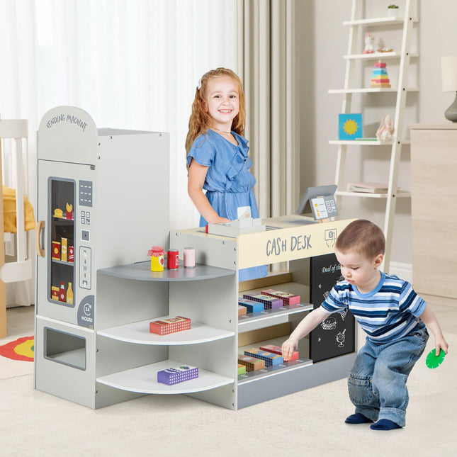 Costzon Pretend Grocery Store Playset, Wooden Supermarket Toy Set for Kids with Chalkboard