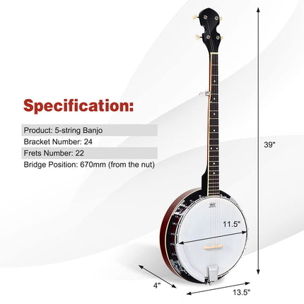 Costzon 5 String Banjo 24 Bracket with Geared 5th Tuner and Mid range Closed Handle