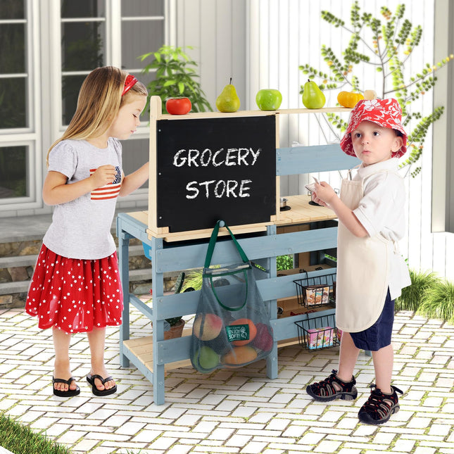 Costzon 2 in 1 Mud Kitchen, Fir Wood Outdoor Play Kitchen & Grocery Store w/Removable Sink