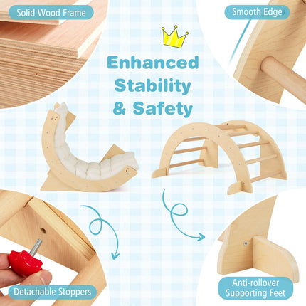 Costzon Kids Wooden Arch Rocker with Cushion, 6-in-1 Montessori Climbing Toys for Toddlers, Indoor Sensory Table