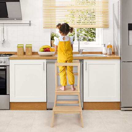 Costzon Kids Kitchen Step Stool with Safety Rail, 2 in 1 Solid Wood Montessori Learning Stool Standing Helper