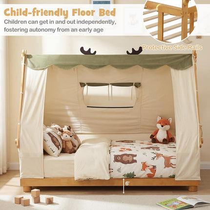 Costzon Twin Bed Frames for Kids Wooden House Antlers-Shaped Floor Bed w/Tent