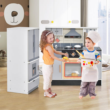 Costzon 2-Piece Play Kitchen, Wooden Toy Kitchen Set with Refrigerator