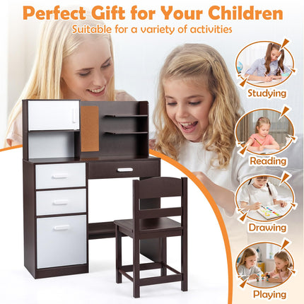 Costzon Kids Desk and Chair Set Wooden Study Table with Hutch