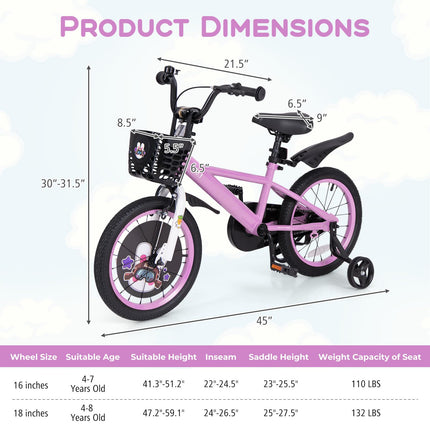Costzon Kids Bike, 16 Inch Child Bike for 3-8 Years Old with Adjustable Height, Training Wheels, Storage Basket