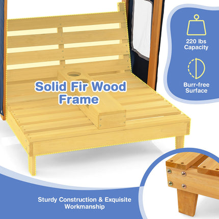 Costzon Kids Lounge Chair Outdoor, Wood Double Seat Chaise Lounge with Canopy