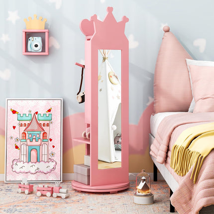Costzon Kids Vanity & Jewelry Armoire Cabinet, Wooden Kids Vanity Table and Chair Set