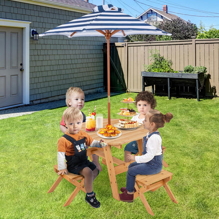 Costzon Kids Picnic Table, Fir Wood Octagon Kids Table and Chair Set with Removable Umbrella