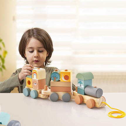 Costzon Wooden Train Set, 3-Section Towable Train Toys with Stackable Building Block, Cute Animal Patterns