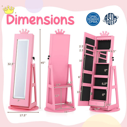 Costzon Kids Jewelry Armoire with LED Lights Lockable Standing Jewelry Organizer