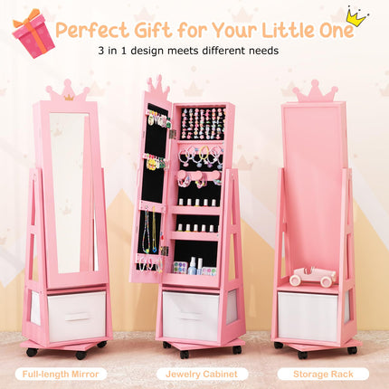 Costzon Kids Jewelry Armoire, 360° Swivel Jewelry Cabinet with Full Length Mirror